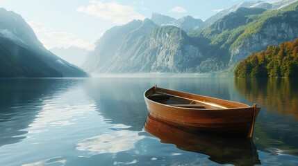 Wall Mural - Serene Mountain Lake with Wooden Rowboat