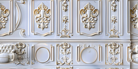 Poster - Seamless 3D elements of White and Golden luxury design Baroque Classical Relief Panel on Wall. Refined Gothic-inspired Stucco Molding With Floral Motifs. A Marble Carving in Late Ottoman Style.