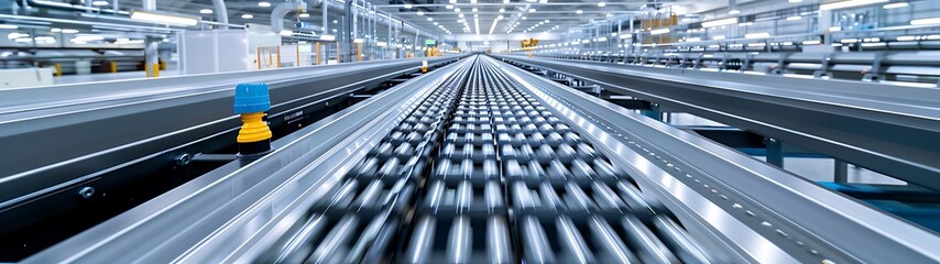 Wall Mural - semi close-up of a conveyor belt in carlsbad industrial plant, moving parts with precision, more cla