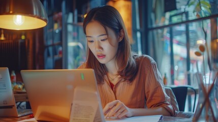 Poster - Woman sitting at a table with a laptop computer, focused on work