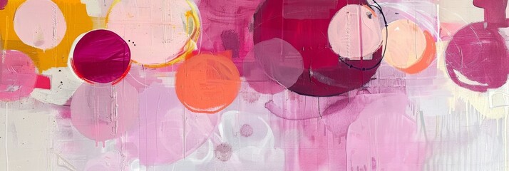 Wall Mural - A dynamic abstract painting showcasing vibrant circles in various shades of pink, orange, and yellow.