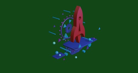 Wall Mural - Red rocket on a pedestal of abstract geometric shapes floating in the air. Abstract concept art with flying shapes in the center. 3d illustration on green background