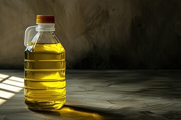 Wall Mural - A bottle of oil sitting on a wooden table, suitable for use in still life or product photography