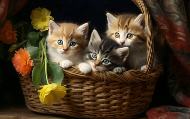 Canvas Print - cute kittens in a wicker basket