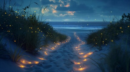 Wall Mural - fireflies lighting a path to the beach, Beach at night, glowing fireflies near the shore, summer holiday, nighttime view of a travel destination