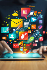 digital marketing commerce online sale concept, businessman use laptop with advertising on website. 