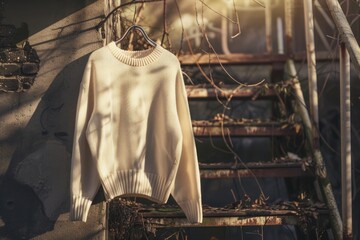 Wall Mural - A white sweater hangs from a wooden rail, great for use in fashion or interior design contexts