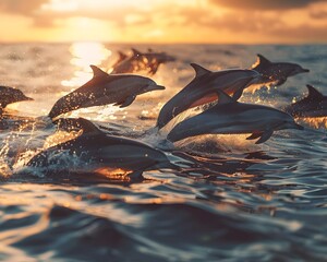 Wall Mural - Playful Dolphins Leaping at Sunset in the Tropical Ocean