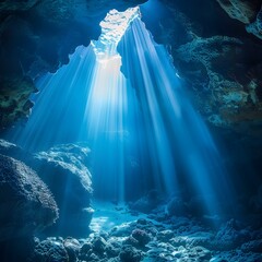 Poster - Serene Underwater Cave Illuminated by Sunlight Streaming Through Opening