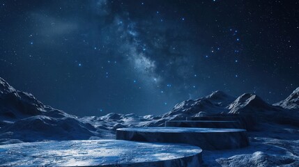 A desolate landscape with a large body of water and a sky full of stars