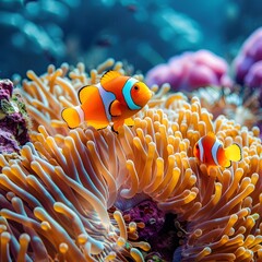 Poster - Colorful Clownfish Interacting with Vibrant Coral Reef Anemones in Tranquil Underwater Scene