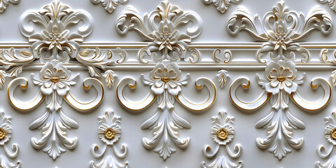 Seamless 3D elements of White and Golden luxury design Baroque Classical Relief Panel on Wall. Refined Gothic-inspired Stucco Molding With Floral Motifs. A Marble Carving in Late Ottoman Style.