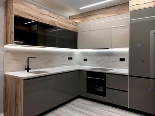 Sticker - A modern kitchen with a white countertop and a black sink. The cabinets are made of wood and the oven is black