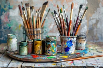 Poster - A collection of paint brushes placed on a wooden table, ideal for illustrating art supplies or creative workspaces