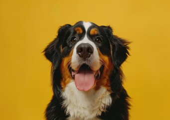 Poster - Happy Bernese Mountain Dog with its tongue out in front of a vibrant yellow background - Generative ai