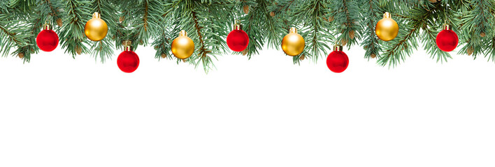 Wall Mural - christmas tree branches with gold and red balls in png isolated on transparent background, border