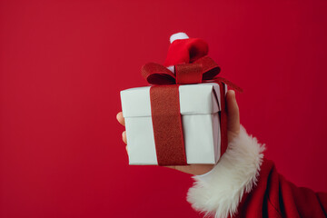 Wall Mural - Santa Claus hand with giftbox, on a red background.