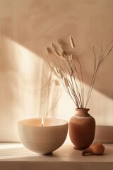 Wall Mural - Serene Rustic Still Life Composition with Ceramic Bowl, Vase, and Sunlight