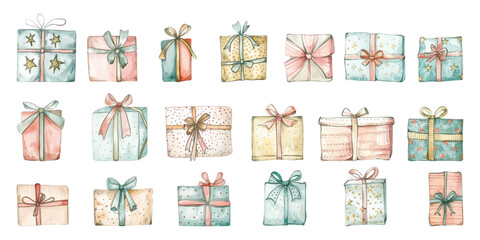 Wall Mural - Set of hand drawn Christmas gift boxes isolated on white background.