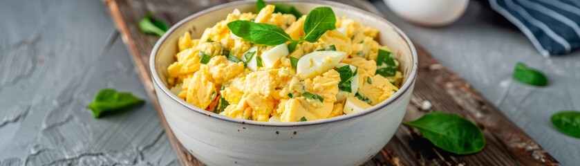 Poster - delicious scrambled eggs with herbs and green onions in a white bowl on a wooden cutting board - a close-up of a healthy breakfast or brunch dish