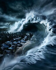 Wall Mural - Semi close-up of a mega tsunami engulfing a coastal village, more clarity with clear light and sharp focus, high detailed