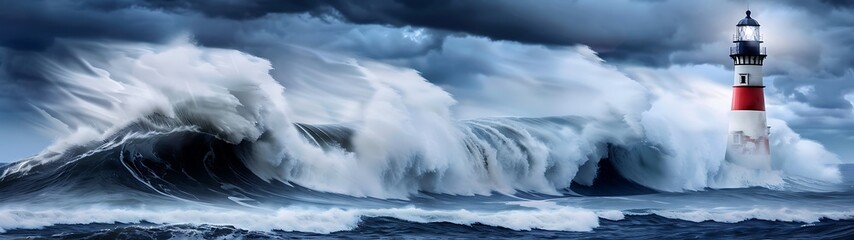 Wall Mural - Semi close-up of a giant tidal wave hitting a lighthouse, more clarity with clear light and sharp focus, high detailed