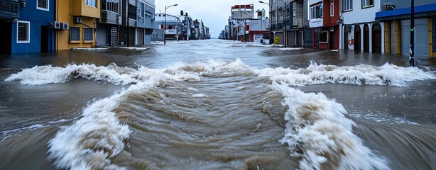 Wall Mural - Semi close-up of floodwaters rushing through an urban area, more clarity with clear light and sharp focus, high detailed