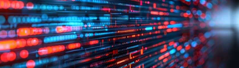 abstract digital data flow - blurred code lines with red and blue lights - technology background.