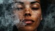 © Darya - A woman with closed eyes meditates peacefully, enveloped in soft smoke, creating a tranquil atmosphere during twilight