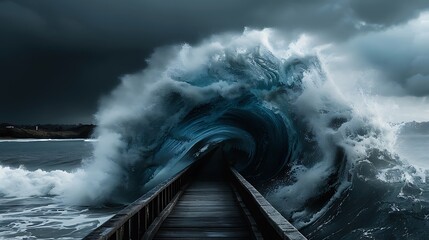 Wall Mural - close-up of a massive wave crashing into a pier, more clarity with clear light and sharp focus, high