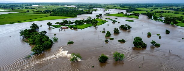 Wall Mural - semi close-up of floodwaters sweeping through a rural landscape, more clarity with clear light and s