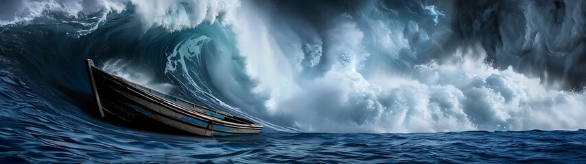 Wall Mural - semi close-up of a tsunami wave crushing a small boat, more clarity with clear light and sharp focus