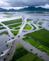 Wall Mural - Semi close-up of floodwaters destroying farmland, more clarity with clear light and sharp focus, high detailed