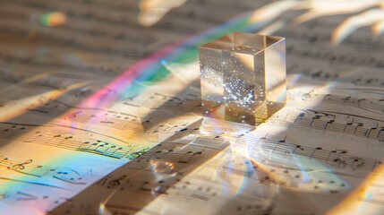 Wall Mural - A closeup of sheet music with note in the background, cube made from translucent glass material floating above it, emitting rainbow light, creating a harmonious atmosphere.