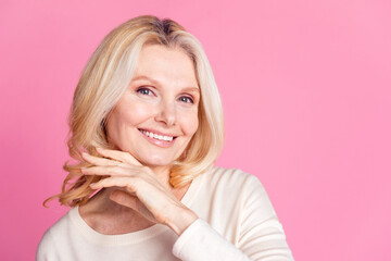 Sticker - Photo of cheerful lovely cute woman dressed stylish clothes empty space isolated on pink color background