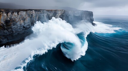 Wall Mural - Close-up of a colossal wave hitting a coastal cliff, more clarity with clear light and sharp focus, high detailed