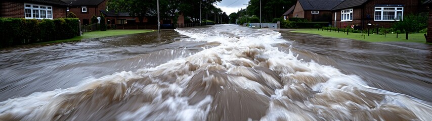 Wall Mural - Semi close-up of floodwaters rushing into a residential area, more clarity with clear light and sharp focus, high detailed