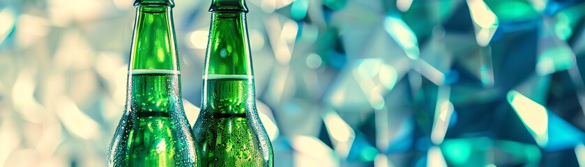 Two green beer bottles, cool blue geometric background, soft lighting, abstract and modern, closeup, refreshing and stylish