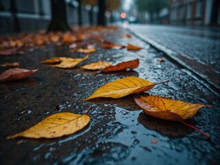 Wall Mural - Vibrant yellow, red and orange autumn leaves laying on the wet asphalt road under the rain. Fall photo illustration wallpaper. Rainy weather season photography.	