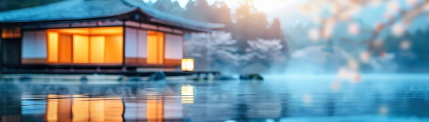 Canvas Print - Serene Lakeside Japanese Teahouse at Dawn with Misty forest background