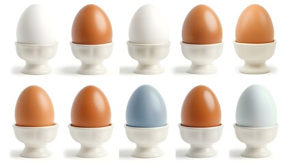 set of eggs in egg cups, isolated n white background, collage graphics. easter.