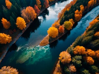 Wall Mural - A scenic view of a river surrounded by autumn forest wood covered in vibrant red, yellow, orange and green leaves foliage. Fall season nature landscape photo illustration wallpaper.
