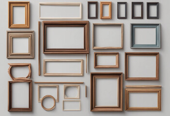 Set of various multicolour empty wooden picture frame blank mock-up isolated on transparent backgrou