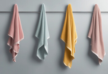 Set of various stylish hanging bath towels in different colours isolated on transparent background