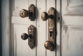 Set of various vintage decorative door locks with handles isolated on transparent background