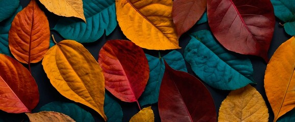 Wall Mural -  Vibrant fall season background with colorful orange, yellow, deep red, and teal, layered fallen leaves on dark background. Bright flat lay autumn header wallpaper design.
