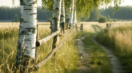 Poster - Serene Path through Birch Trees and Verdant Meadow at Dawn in Forest Setting