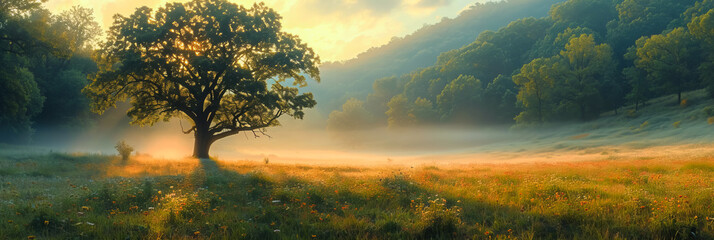 Wall Mural - foggy meadow. enchanting sunrise