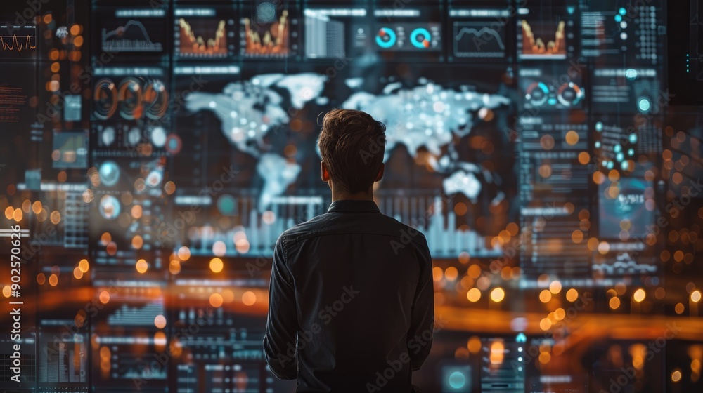 Man analyzing digital data on a world map with futuristic graphics ...