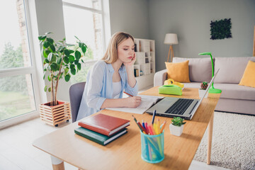 Sticker - Photo of tired sad girl dressed blue shirt writing book remote education modern gadget indoors house apartment room